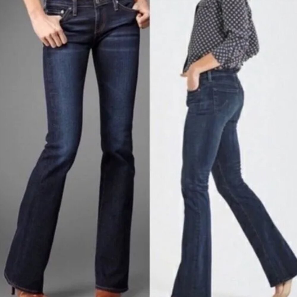 AG the Club Low Rise Bootcut Flare Denim Jeans Frayed Hems 30R, Dark Wash Blue